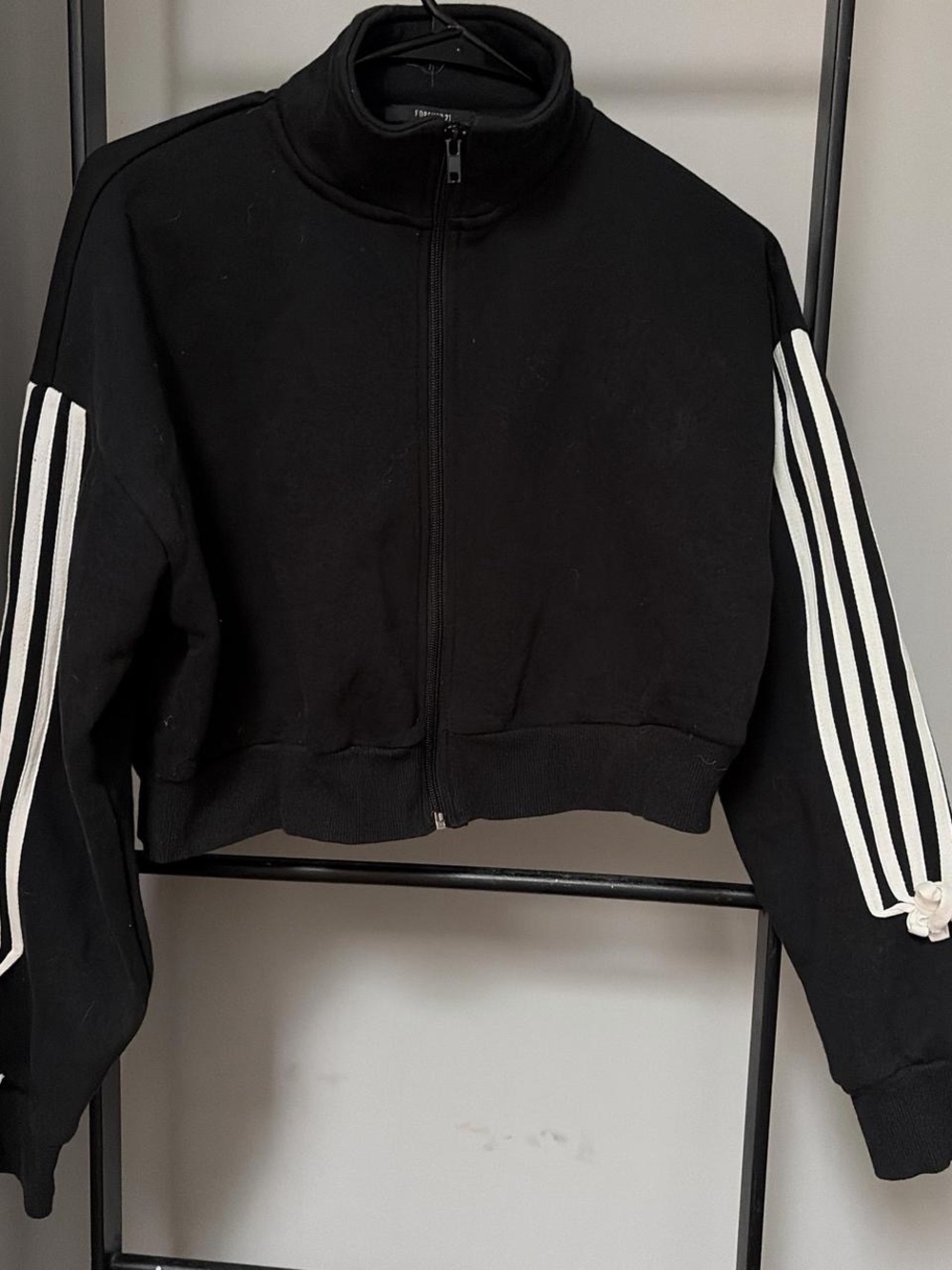 Forever 21 Black Cropped Bomber Jacket with White Sleeve Stripes